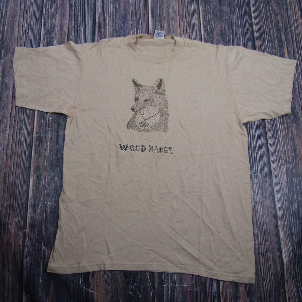 Jerzees T-Shirt Mens XL Tan Wood Badge Fox Single Stitch Vintage USA Made